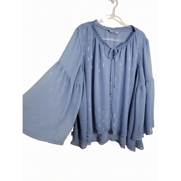 Jennifer Lopez Tops - Jennifer Lopez Women 3X Blouse Blue Metallic Foil Bell Sleeve Boho Ruffle Top
